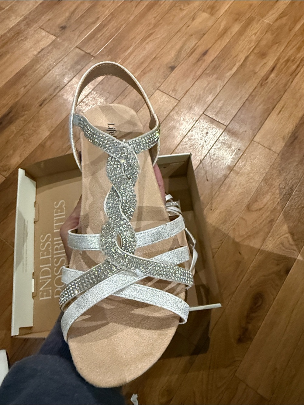 Life Stride Silver Braided Crystal-Strap Women's Sandals